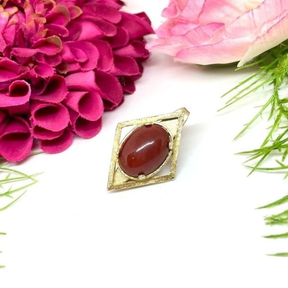 VINTAGE⚜️Cabochon Faux Jasper Golden Dress Clip - Picture 3 of 7